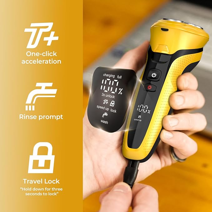 Rechargeable Electric Razor for Men: 3-in-1 Shaver for Beard/Nose/Sideburns - IPX7 Waterproof Travel Kit - Turbo Speed & Precision Blades,Cyber Yellow