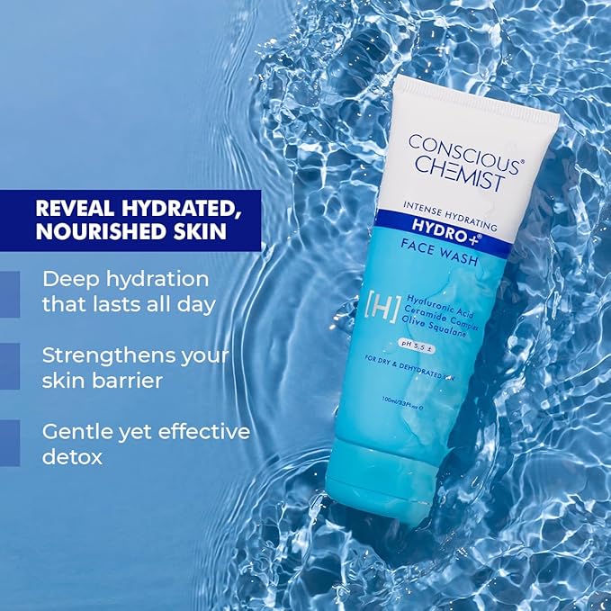 Conscious Chemist® Hydro+ Gentle Face Wash for Dry Skin | 100ml | Hydrating Facial Cleanser with Hyaluronic Acid, Ceramides & Ginseng | For Smooths & Softens Skin, Non Comedogenic | Men & Women