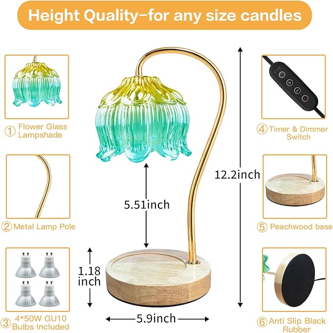 Dimmable Flower Candle Warmer Lamp, Candle Warmer with Timer & 4Bulbs, Womens Gifts for Christmas Birthday, Unique Home Decor for Bedroom Living Room Decor Aesthetic (Yellow/Green)