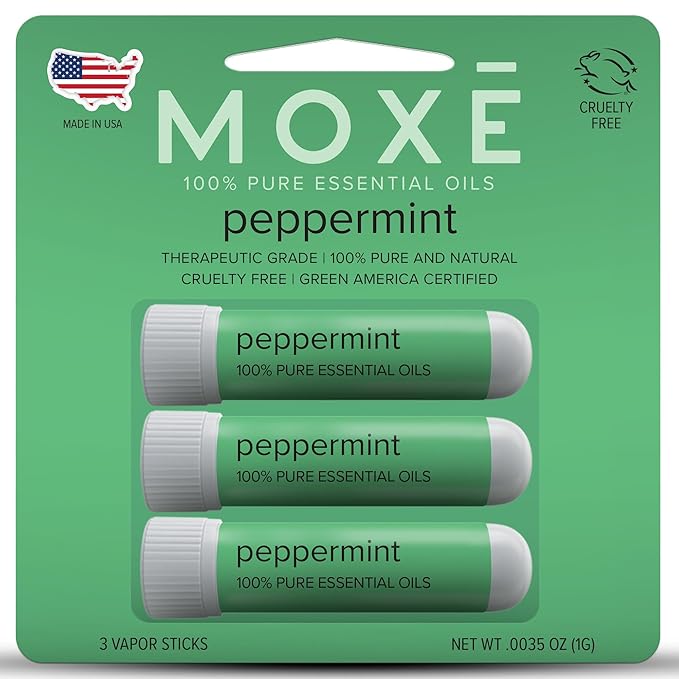 MOXĒ Peppermint Essential Oil Nasal Inhaler, Therapeutic No-Mess Aromatherapy, Cooling, Refreshing, Invigorating, Uplifts Mood and Positivity, Pure and Undiluted, Made in USA (3 Pack)`