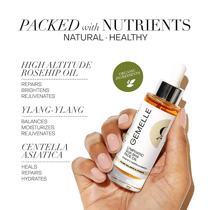 GEMELLE Lymphatic Gua Sha Face Oil | 10x Award Winner | Vitamin C,E & A | Detox, Plump, Sculpt, Hydrate | High-Altitude Rosehip | Natural Botanical for Gua Sha Facial Tools, Lymphatic Drainage - 15ml