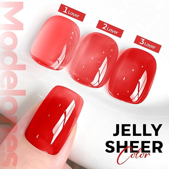 modelones Red Gel Nail Polish Jelly Translucent Gel Polish Christmas Red Neutral Sheer Nails Soak Off LED Nail Lamp Manicure Salon Gift 15 ML