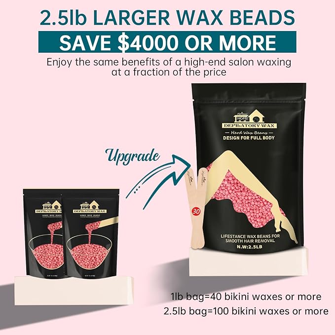 Lifestance Wax Beans Hair Removal Kit, Rose Pink, 2.5lb with 30 Applicators for Eyebrow, Face, Underarm, Bikini Waxing, Women Men Sensitive Skin