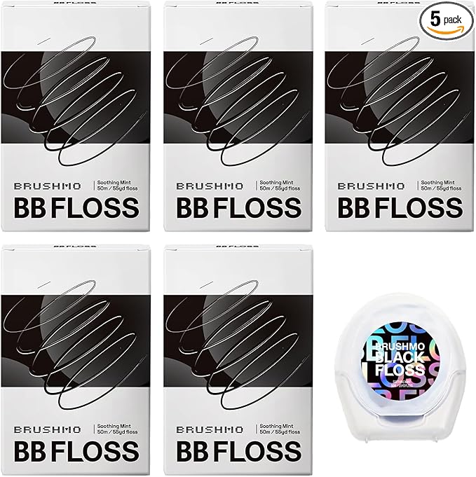 Brushmo Black Floss (BBFloss) - Expanding Floss, Gum-Friendly Soothing Mint Dental Floss, Natural Vegan Wax to Remove Plaque from Teeth, Dentist Designed PTFE & PFAS Free Oral Care, 5 Spools, 275 yd