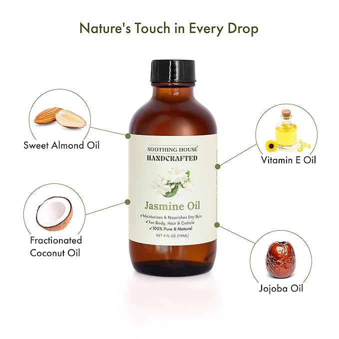 Jasmine Body, Hair & Nail Oil: Nourishing & Fast-Absorbing, Lightweight Glow, with Vitamin E, Jojoba & Sweet Almond, All-Natural, 4 Fl Oz