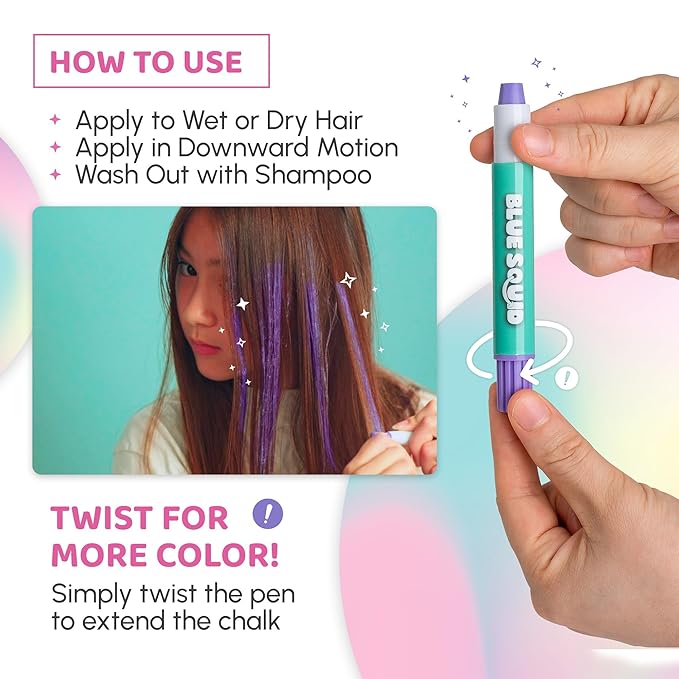 Blue Squid Hair Chalk for Girls Pens – 10 Dustless Vibrant Temporary Hair Color for Kids - Ideal Christmas, Birthday Gifts for Girls & Teens - Kid Safe, Washable Hair Dye for Ages 6 7 8 9 10 11 12
