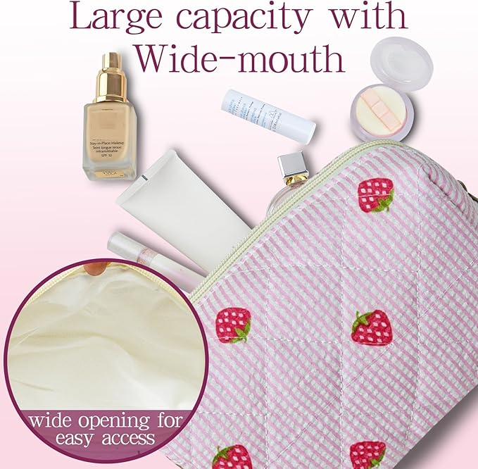 Quilted Makeup Pouch,Cotton Puffy Makeup Bag, Coquette Cosmetic Bag for Women and Girls, Aesthetic Organizer Bag, Cute Flower Travel Toiletry Bag