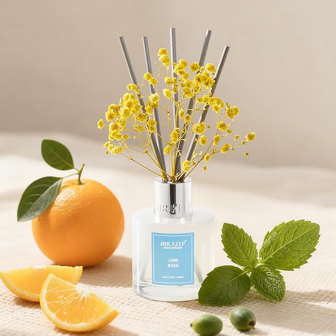 Airkeep Reed Diffuser Set,3.38 fl oz (100 ml) - Lime Basil Oil Diffusers with 8 Reed Sticks, Home Fragrance Reed Diffuser for Bathroom Shelf Decor
