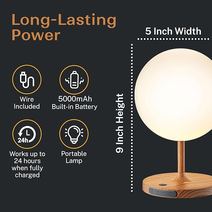 Cordless Lamp, 5000mAh Battery Operated Rechargeable Table Lamp with Power Bank, Touch Dimmable 3 Color Temperatures, IP44 Waterproof Shower Lamp for Kitchen, Bathroom, Indoor Or Outdoor Use 9.6in