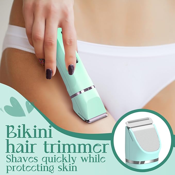 Pubic Hair Trimmer Women for Bikini Area & Body - Electric Razor Shaver with Ceramic Blade, Detachable Head, Waterproof IPX7, Battery Indicator, Fast Charging, Wet/Dry Groomer Set - Green