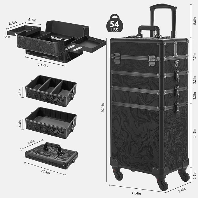 Rolling Makeup Case, Makeup Train Case with Lid, 5 in 1 Cosmetology Case on Wheels, Christmas Gift, Large Makeup Organizers, Profesional Cosmetic Case for Salon Barber, Pattern Black