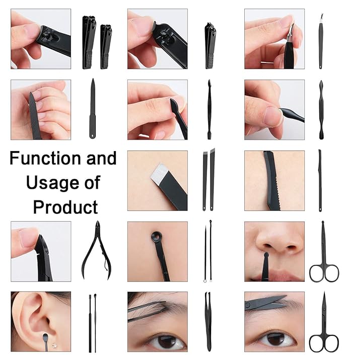 ESARORA Manicure Set, 18 in 1 Stainless Steel Professional Pedicure Kit Nail Scissors Grooming Kit with Black Leather Travel Case