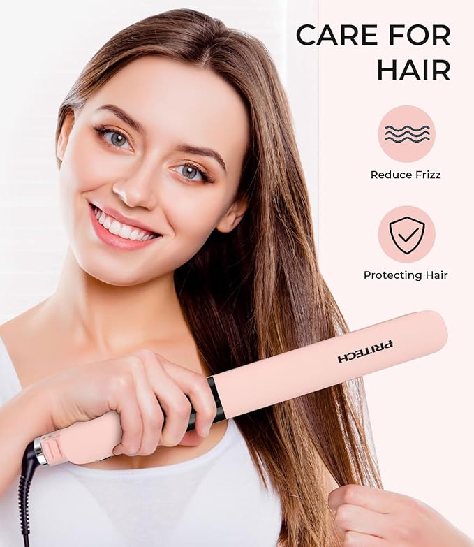 PRITECH Flat Iron Hair Straightener, Titanium Flat Iron with Adjustable Temp(290°F-450°F), 1 inch Plate for All Hairstyles Anti-Frizz Dual Voltage Straightening and Curler 2 in 1 (Pink)