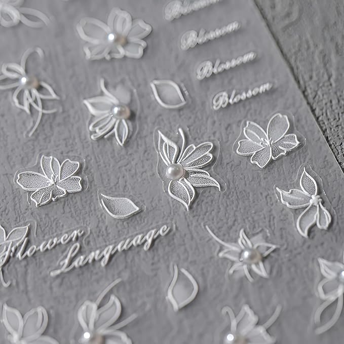 White Flower Nail Art Stickers 5D Embossed Spring Summer Nail Stickers for Nail Art Flower Nail Decals Self Adhesive White Pearl Floral Decoration Accessories for Women Girls