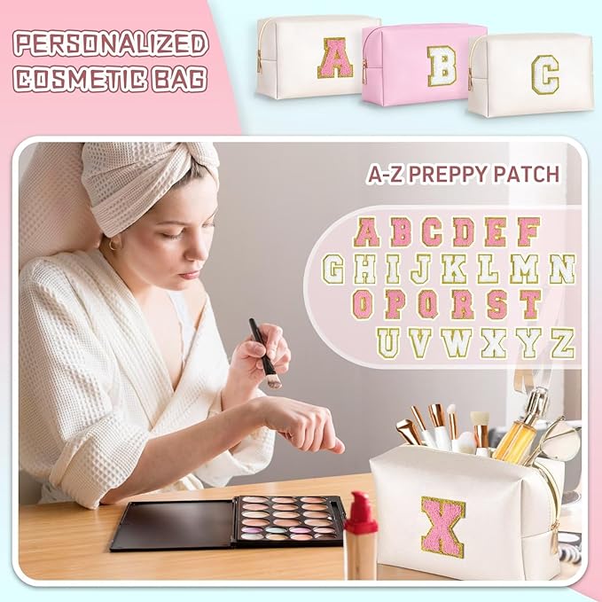 TOPEAST Personalized Makeup Bag, Chenille Letter Pouch Cosmetic Bag w Zipper, PU Leather Waterproof Toiletry Bag, Bridal Shower Gifts for Bridesmaids, Cute Stuff for Girls (Pearly White P)