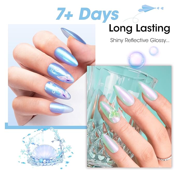 GELLEN Pearl Nail Polish Set 3 Colors Pastel Mermaid Ombre Nail Polish Glitter Shimmer Air Quick Dry Nail Lacquer Light Blue Purple Green Aurora Iridescent Fingernail Polish Home Salon DIY Manicure