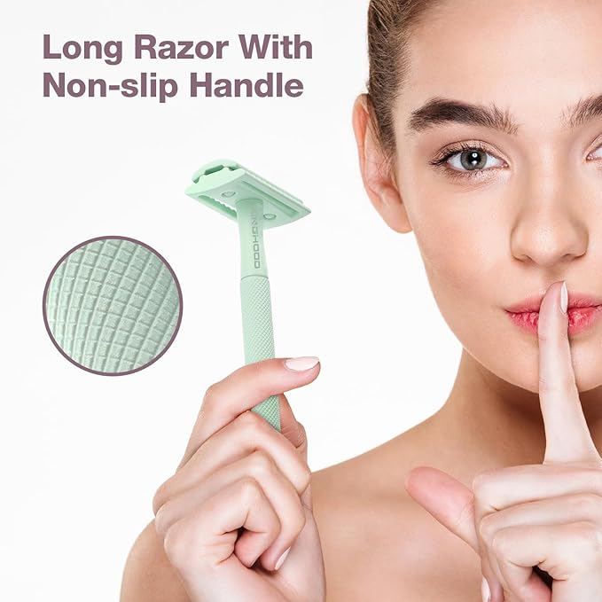 KINGHOOD Safety Razor for Women with 10 Double Edge Razor Blades, Single Blade Razors for Women and Men, Resuable razor, Plastic Free - Green