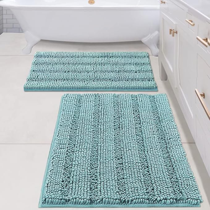 H.VERSAILTEX Bathroom Rugs Bath Mats Sets Super Absorbent Chenille Striped Bath Mats Non Skid Machine Wash Dry Rugs for Bathroom Floor Set of 2(Aqua Haze, 24 x 36 Plus 20 x 32 - Inches)