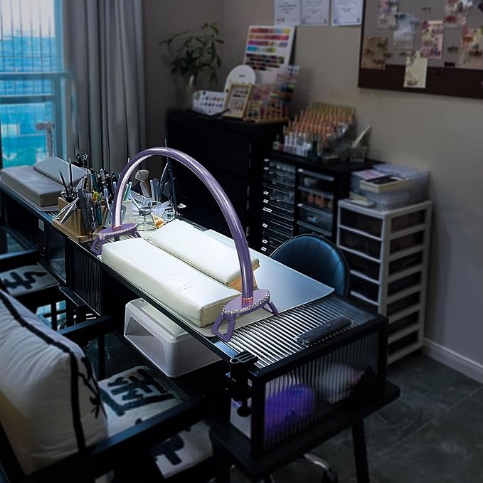 Large Half Moon Light for Nail Desk, Stepless Dimmable Lamp for Nails Table, 3 Color Temperature 24 inch Purple Led Nail tech Desk lamp for Manicure Sculpture Handi Crafts Lighting