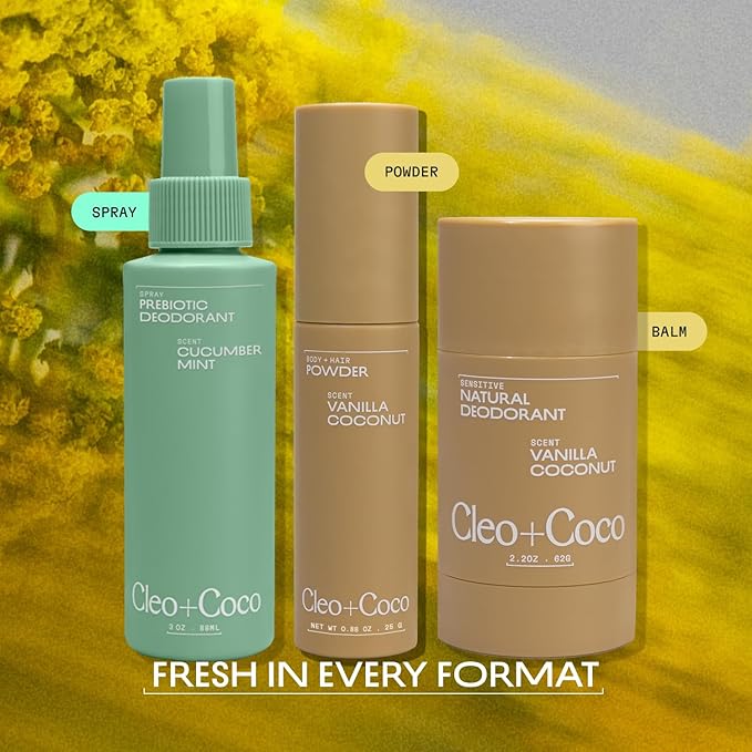 Cleo + Coco. Deodorant Powder for Body and Hair, Vanilla Coconut (0.88 oz), 2-in-1 Deo Powder & Dry Shampoo for Women & Men, Aluminum Free Deodorant, Talc-Free, Anti Chafe Protector, Travel-Size