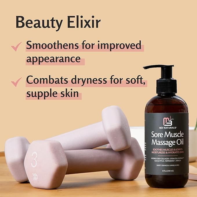 Arnica Sore Muscle Massage Oil with Collagen, Stem Cells, and Menthol, Anti-Cellulite Therapy for Full Body, Fast-Absorbing Multipurpose Treatment, 8 fl oz by M3 Naturals