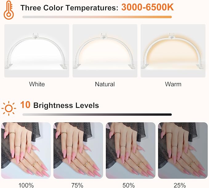 Half Moon Light for Nail Desk with Phone Holder, 28IN Folding Half-Moon Light with Shinning Diamond, LED Lamp for Nail Art, Eyelash Extension, Tattooing, Skin Management, 10 Brightness Levels, Gold