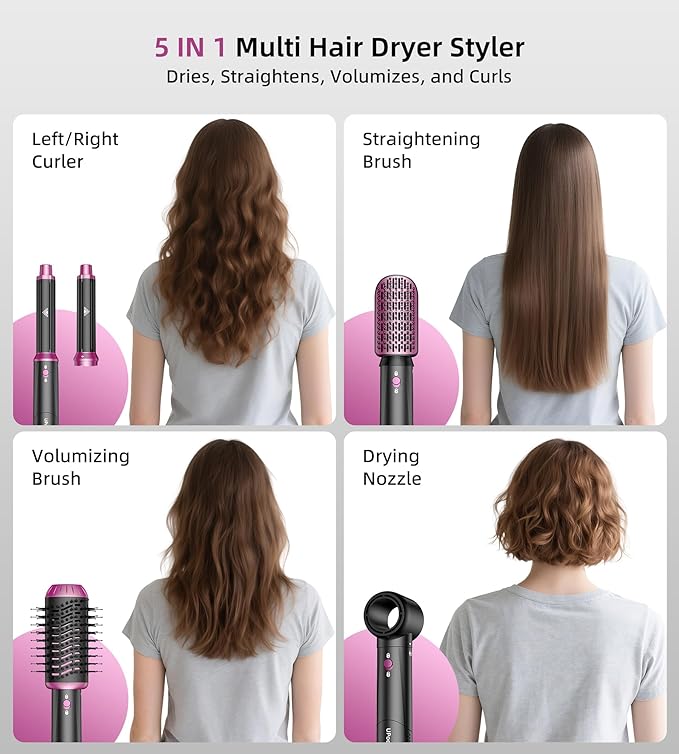 5 in 1 Hot Air Styler & Hair Dryer Brush, High-Speed Blow Dryer Fast Drying Curling Without Heat Damage, Volumizing Straightening, Auto-Wrap Curlers Includes Travel Storage Bag