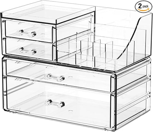 SUOXING Clear Acrylic Makeup Organizer for Vanity,Bathroom,Dresser,4 Drawer Make up Organizers for Counter,Plastic Countertop Makeup Storage for Beauty,Hair Accessory,Brush,Cosmetic,Skincare Organizer