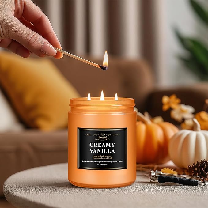 Auelife Fall Candle, Vanilla Pumpkin Scented Candles – 22oz Large 3-Wick Soy Candle, Long Lasting Autumn Aromatherapy Candles for Home Décor, Thanksgiving & Holiday Gift for Women & Men
