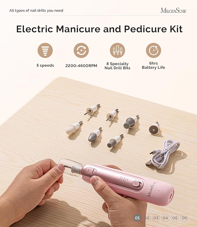 MelodySusie Cordless Pedicure & Manicure Nail Drill Kit, PC760G for Salon-Quality Foot Care for Home & Travel, Rechargeable with 5 Speeds, 8-in-1 Bits, 360° LED Light & Anti-Dust Shield, Pink
