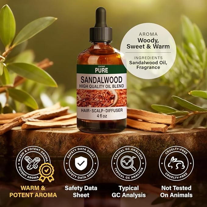 KUKKA Sandalwood Essential Oils - 4 Fl Oz - for Hair, Skin, Diffuser, Aromatherapy & DIY Soap Making Scent