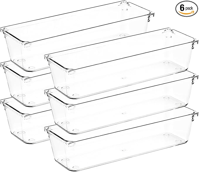 6 Pack Drawer Organizer - 3" X 9" Clear Acrylic Storage Bins with Non-Slip Pads, Versatile Desk Tray for Makeup, Jewelry, Kitchen, Bathroom, and Office Organization