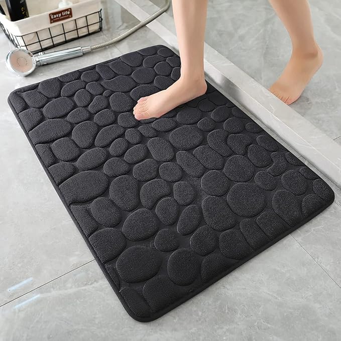 YIHOUSE Memory Foam Bath Mat Cobblestone Bathroom Rugs Super Water Absorbent Bath Mats for Bathroom Machine Washable Bath Rugs(24 x 36,Black)