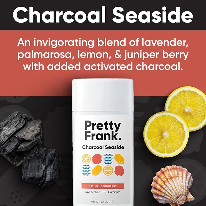 Pretty Frank Natural Aluminum-Free Deodorant Stick, Charcoal Seaside (2-Pack) | All-Day Odor Control for Women & Men | Effective, Safe, Organic Ingredients, Added Charcoal and Essential Oils