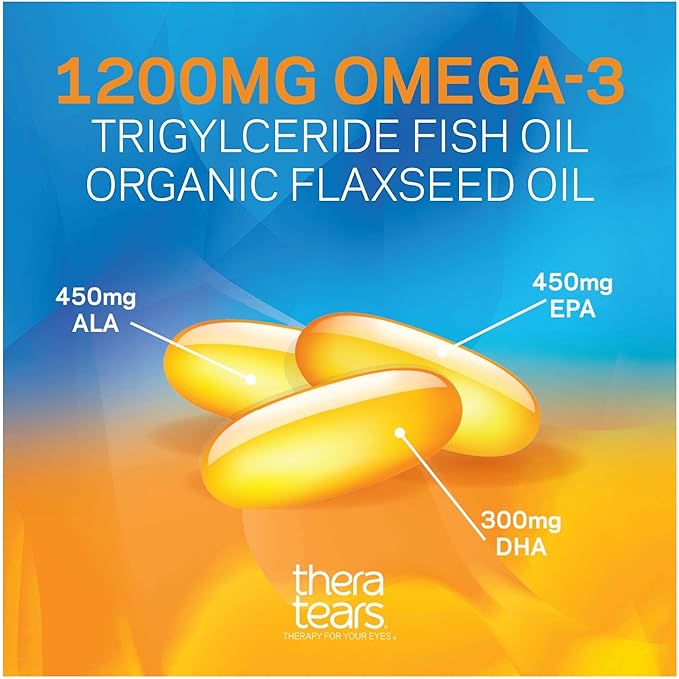 TheraTears 1200mg Omega 3 Supplement for Eye Nutrition, Organic Flaxseed Triglyceride Fish Oil and Vitamin E, 180 Count with Thera Tears Eye Drops for Dry Eyes, 0.5 Fl Oz, 15 Ml, 2 Pack