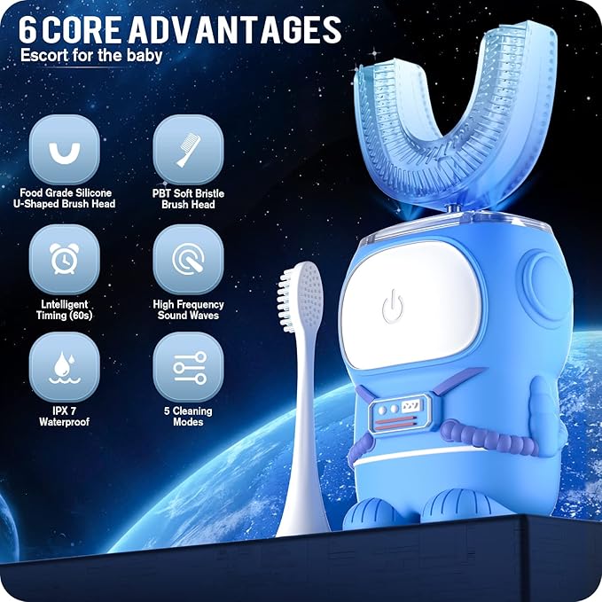 RexCodar Ultrasonic Kid's U-Shaped Electric Toothbrush, IPX7 Waterproof, Five Cleaning Modes, 60S Smart Reminder (Navy Blue, Ages 6-12)