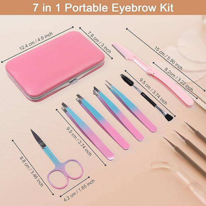 Eyebrow Tweezers Set for Women - 7 Pcs Professional Eyebrow Grooming Kit Stainless Steel Eyebrow Trim Kit with Curved Scissors for Ingrown Hair (Pink)