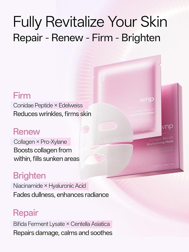 WNP 6D Bionic Collagen Bio‑Gel Mask Overnight Deep Hydration with 5.1% Collagen, Niacinamide, Hyaluronic Acid, Firming, Anti‑Aging, Brightening for Sensitive Skin 28g x 4