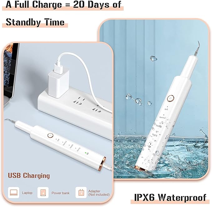Plaque Remover for Teeth, Electric Tooth Cleaner Tartar Remover for Teeth with LED Light,4 Modes Rechargeable Teeth Cleaning Kit with Dental Tools, 2 Replaceable Heads (White A)