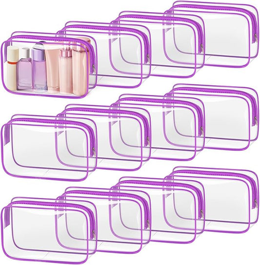 TISRATOK 12 PCS Clear Makeup Bag for Women with Zipper, TSA Approved Toiletry Pouch, Cosmetic Bag Bulk for Travel Organizer Essentials - Purple, Medium
