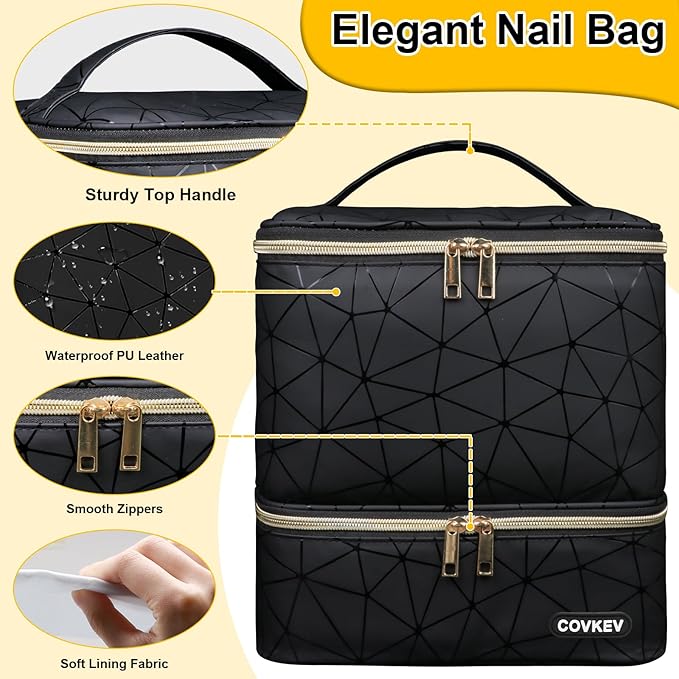 PU Leather Nail Polish Organizer Bag Holds Nail Lamp& 30 Bottles (15ml-0.5 fl.oz), Portable Travel Nail Kit Storage Carrying Case, Double Layer Nail Supplies Organizer Handbag (Elegant Black)