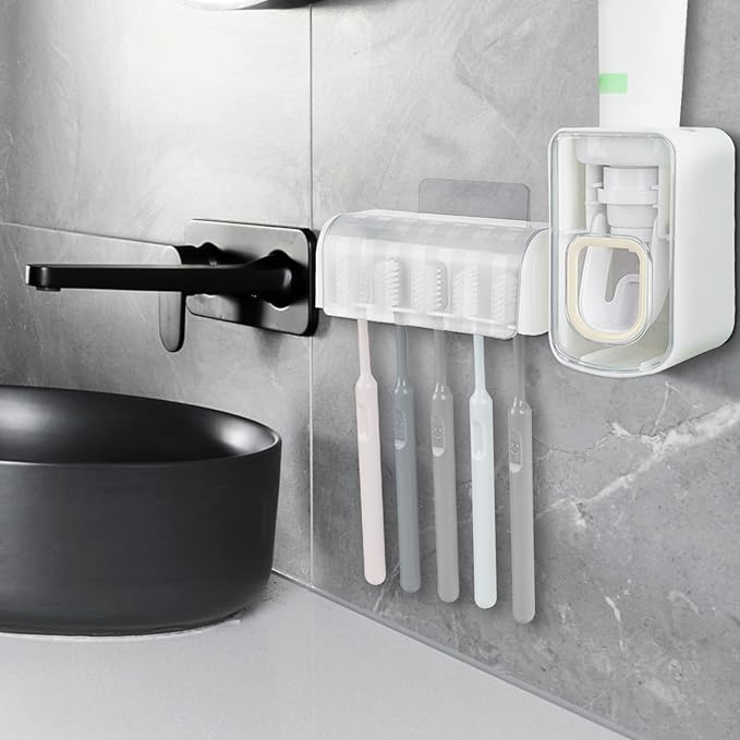 5 Slots Wall Mount Toothbrush Holder with Cover, Self Adhesive Toothbrush Storage Organizer for Shower, Toothbrush Hanger with Automatic Toothpaste Squeezer Dispenser
