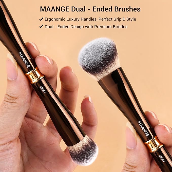 MAANGE Makeup Brush Set Double-ended Kabuki Makeup Brushes For Foundation Contour Liquid Powder Concealer Eye Shadows Cream Cosmetics Blending Blush Makeup Tools (Coffee Brown, 5 PCS)
