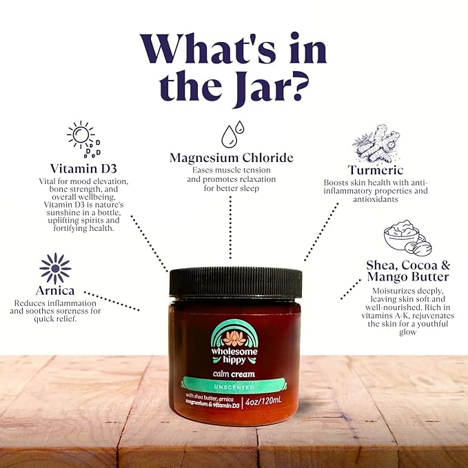 Wholesome Hippy Calm Cream – All Natural Body Butter with Magnesium, Vitamin D3, Shea, Arnica & Turmeric – Vegan Moisturizer for Sensitive Skin & Self-Care – 4oz