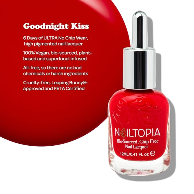 Nailtopia - Plant-Based Chip Free Nail Lacquer - Non Toxic, Bio-Sourced, Long-Lasting, Strengthening Polish - Goodnight Kiss (Red With Blue Undertones) - 0.41oz