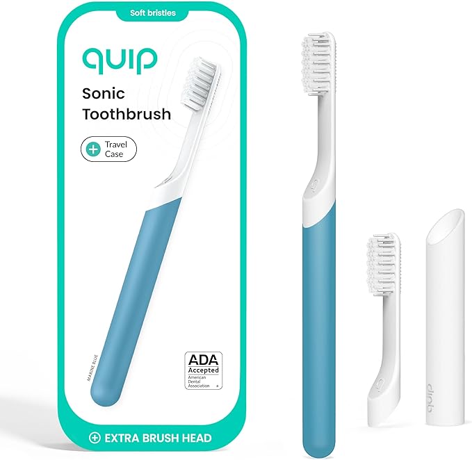 Quip Sonic Electric Toothbrush for Adults - Time Travel & Soft Bristles with Travel Case & Replacement Brush Head - 3 Month Battery Life, Plastic Handle - Marine Blue