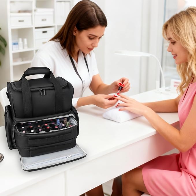 LKE Nail Polish Organizer Case - Holds Up to 70 Bottles, Nail Lamp & 2 Removable Bags, Large Capacity 4-Section Professional Manicure Kit for Nail Artists & Enthusiasts