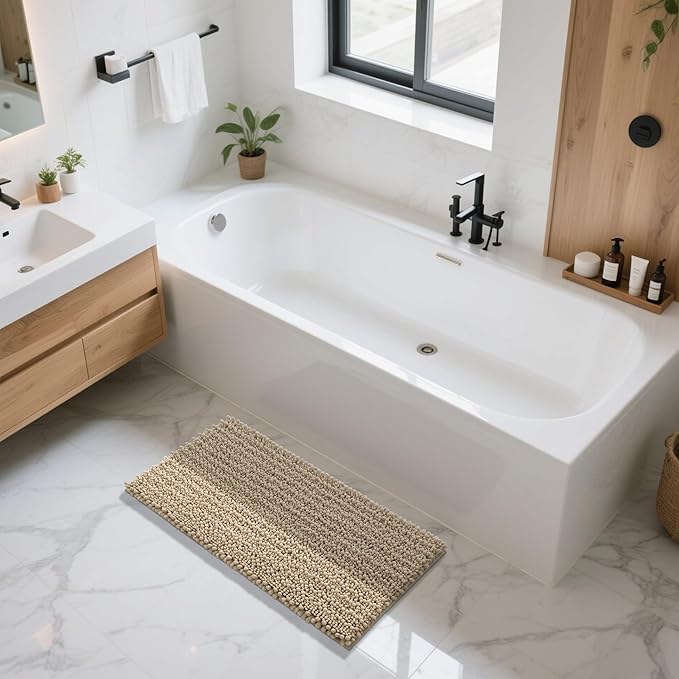 Yimobra Long Bathroom Rugs Non Slip Washable 44x24 Inch - Ultra Soft Absorbent Chenille Bath Mat, Quick Dry Shaggy Floor Carpet for Tub Shower, Camel Home Decor Accessories
