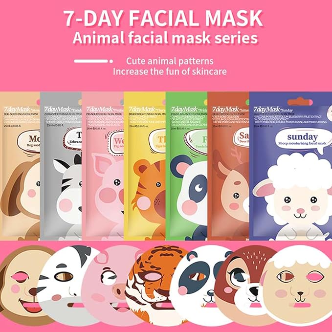 Kids Face Mask Spa, Animal Face Masks for Kids Teens Women Skincare, Animal Character Sheet Facial Mask for All Skin Types, Girls Night Party Skin Care Set, Birthday Christmas Gifts（7PCS）