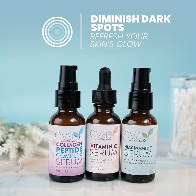 Eva Naturals Firm & Glow Serum Bundle – Vitamin C, Peptide & Niacinamide Serums – Anti-Aging Face Serum Set for Wrinkles, Glow, Pores, Hydration – Collagen Boosting Skin Care Routine